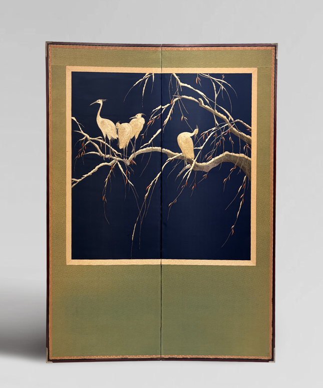 Japanese -Byobu- folding screen with silk needle point 