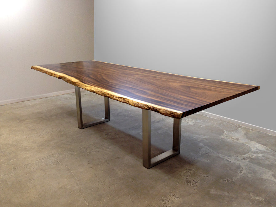 Live edge acacia dining table with brushed stainless steel frame style base
