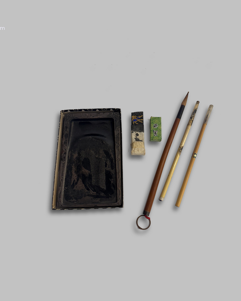 Antique red lacquer artist box with supplies