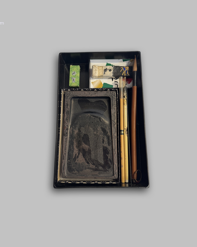 Antique red lacquer artist box with supplies