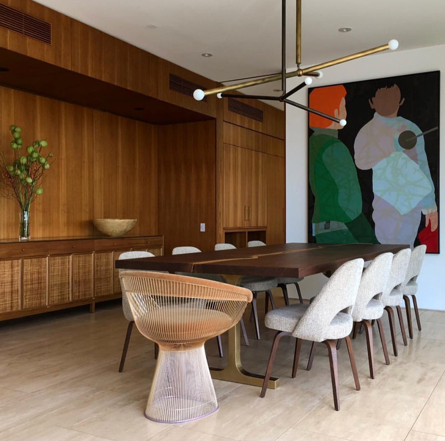 Walnut river table, live edge center with rectangular perimeter, on cast bronze T legs