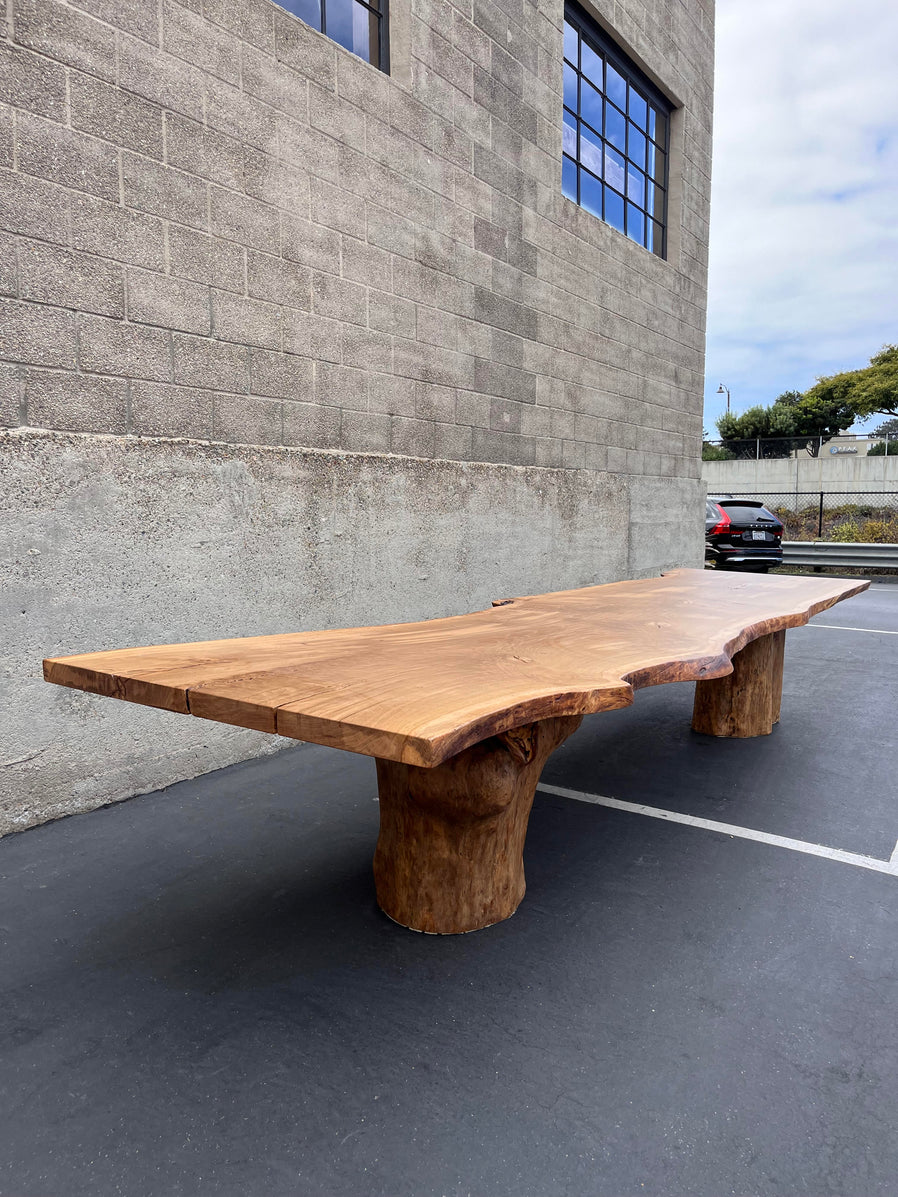White oak dining table, single plank live edge table with tree trunk base