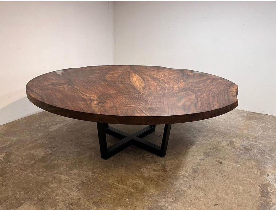Giant 2 piece claro walnut round dining table on steel X style base