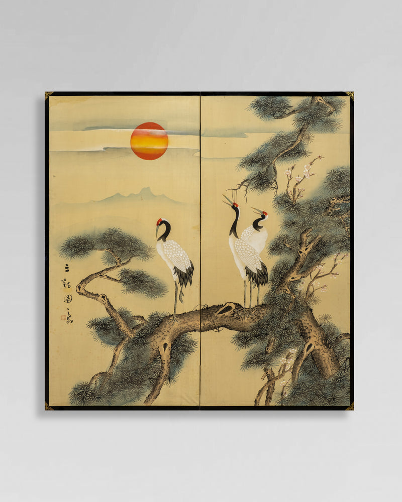 Two-Panel Crane Sunrise Byobu