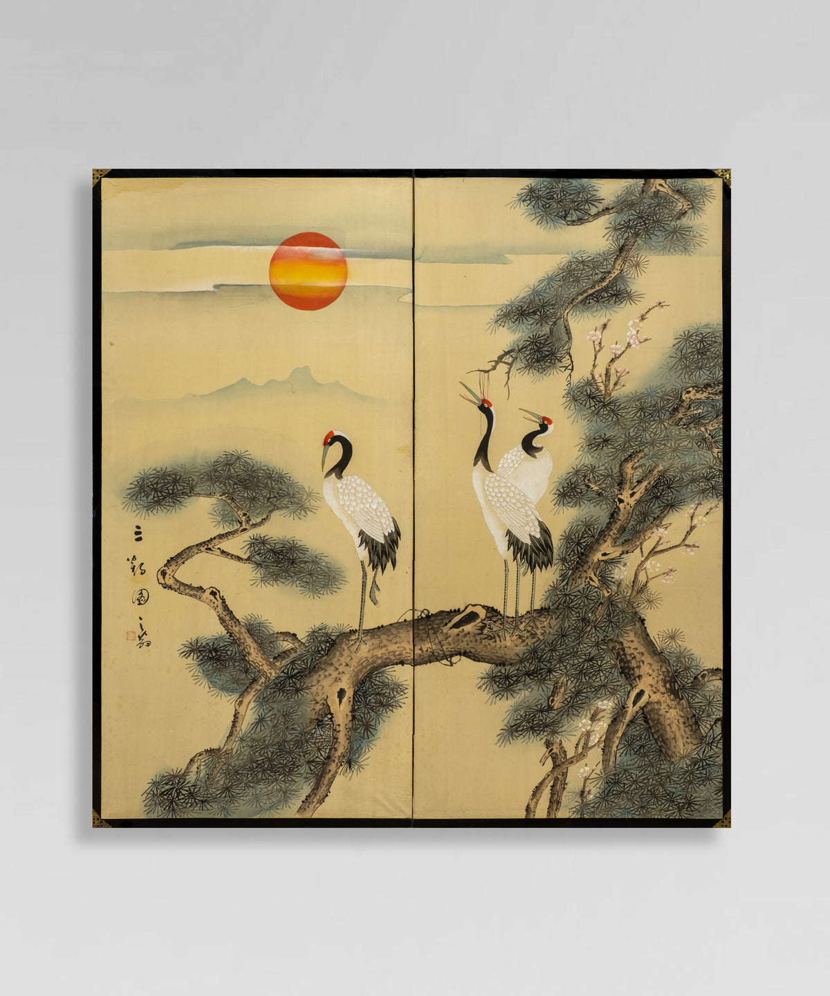 Two-Panel Crane Sunrise Byobu