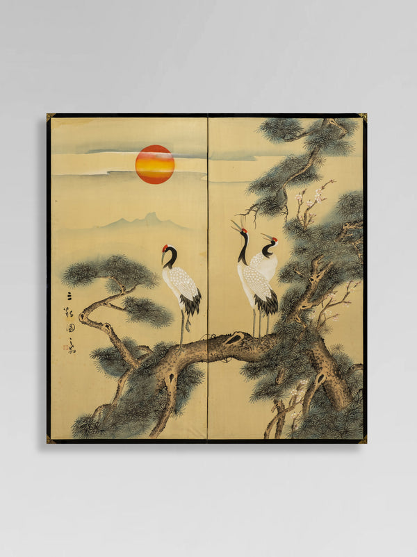 Two-Panel Crane Sunrise Byobu