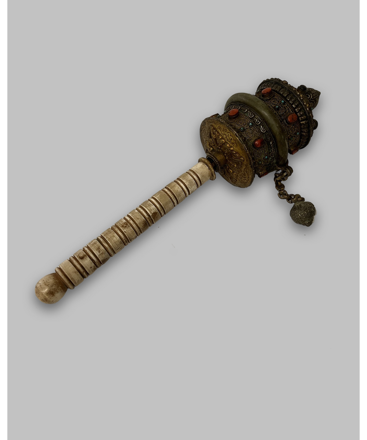 Buddhist hand held prayer wheel with gemstones and bone handle