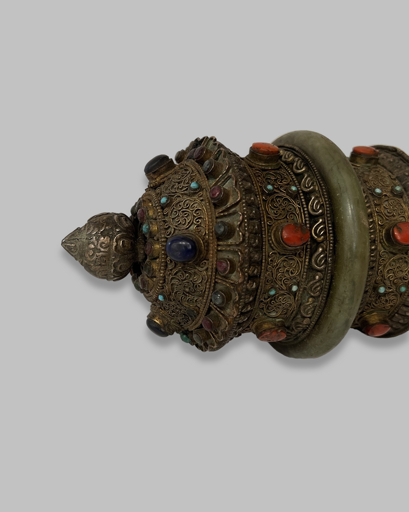 Buddhist hand held prayer wheel with gemstones and bone handle