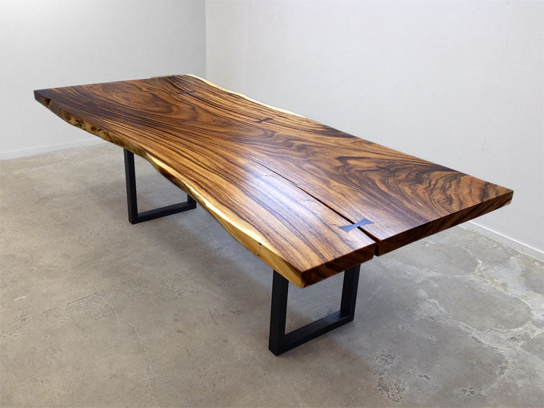 Acacia slab dining table on black steel frame style base