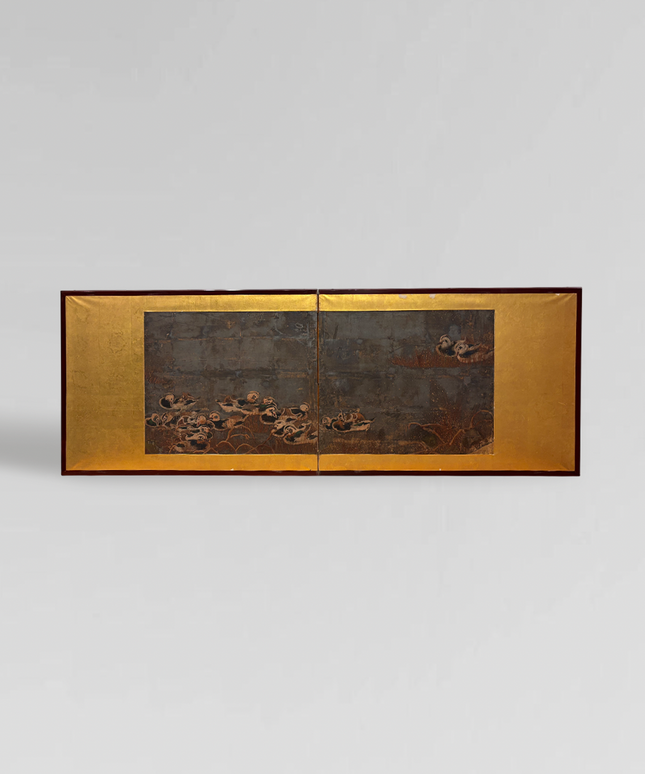 Japanese -Byobu- folding screen with gold leaf and original wooden box