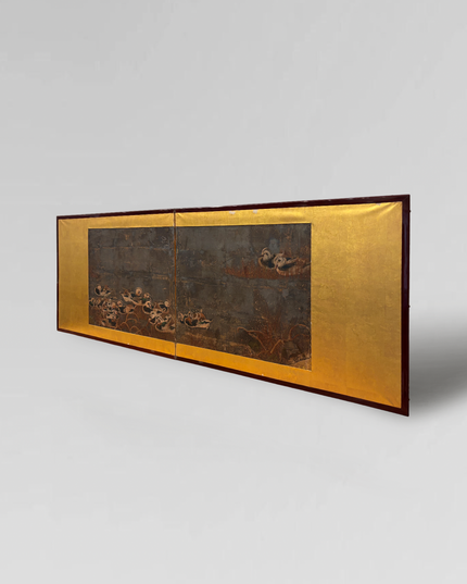 Japanese -Byobu- folding screen with gold leaf and original wooden box