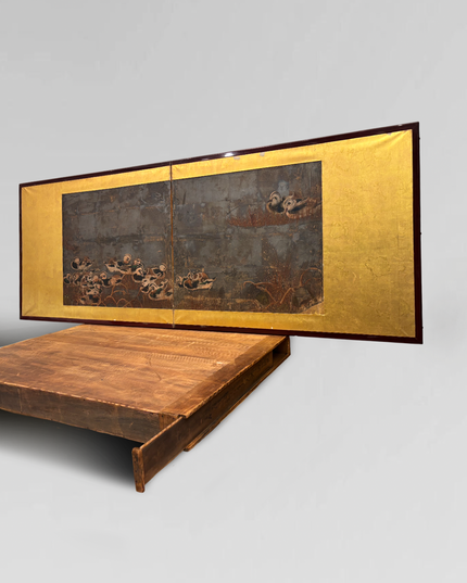 Japanese -Byobu- folding screen with gold leaf and original wooden box