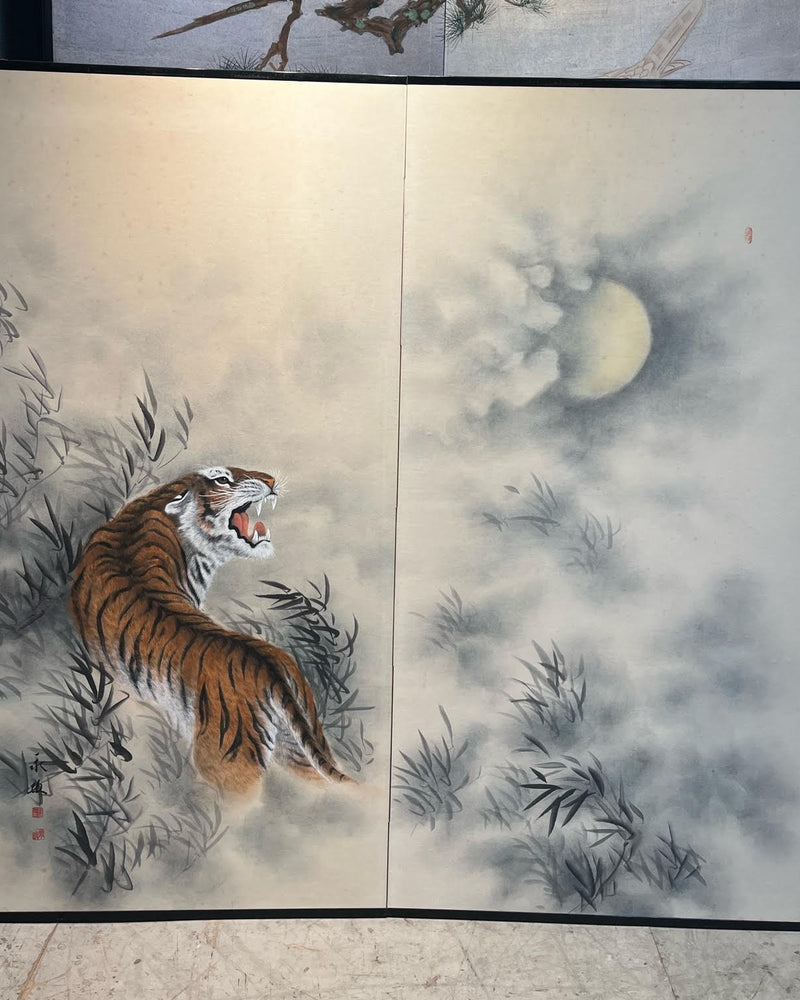 Two-Panel Nighttime Tiger Byobu