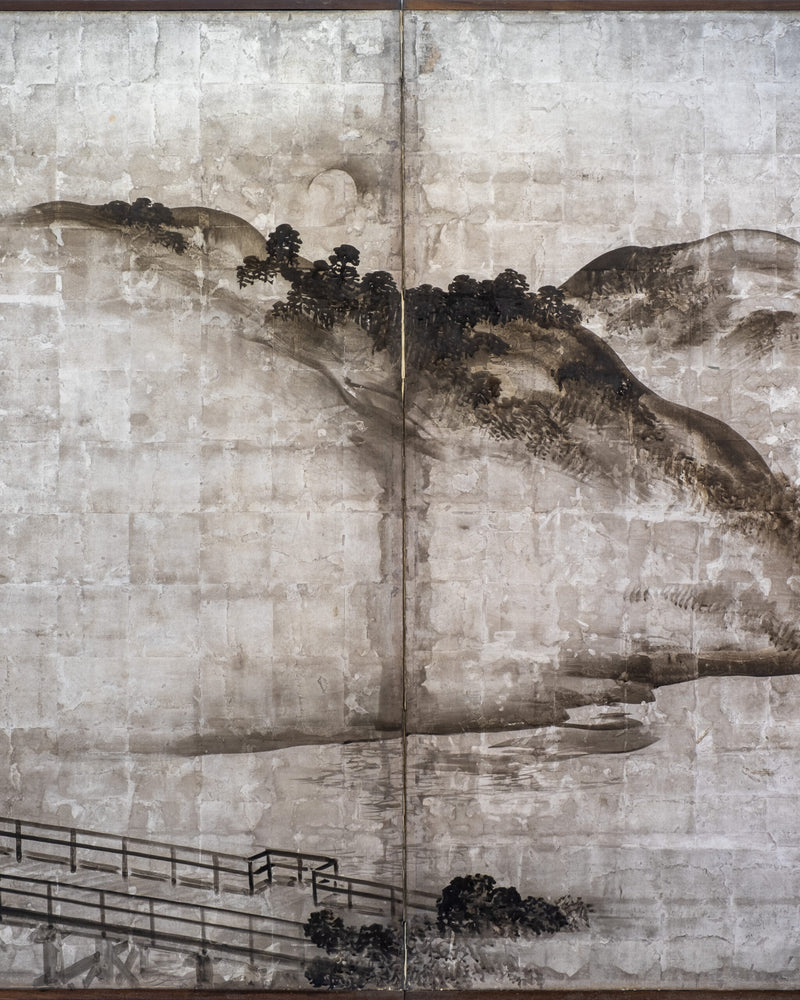 Two-Panel Silver River & Bridge Byobu