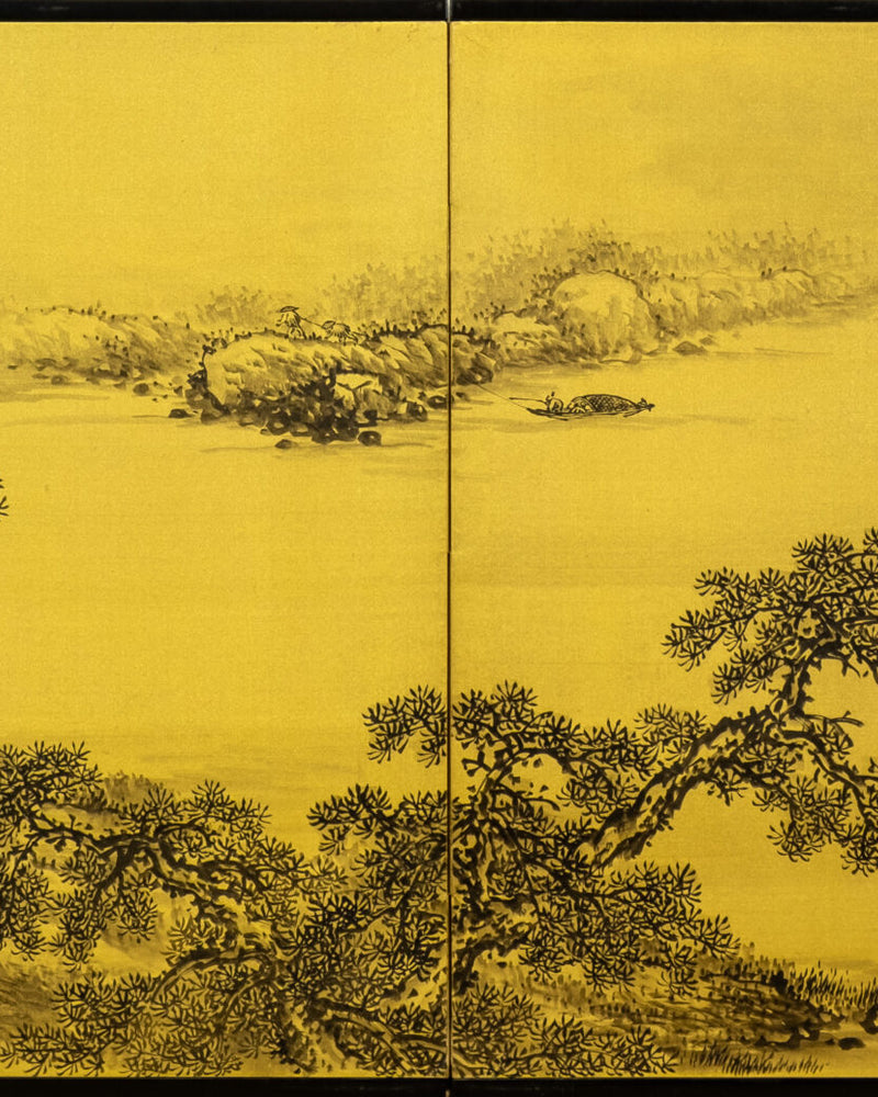 Two-Panel Gold River Side Scene Byobu