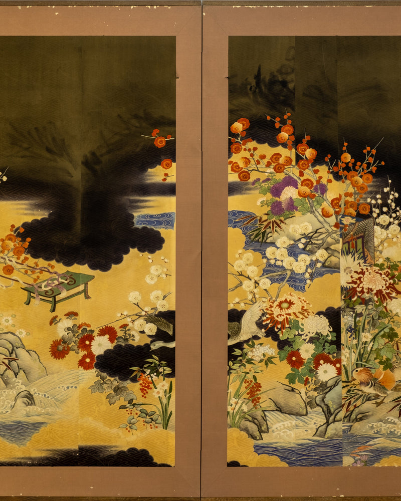 Two-Panel Flowers Silk Byobu