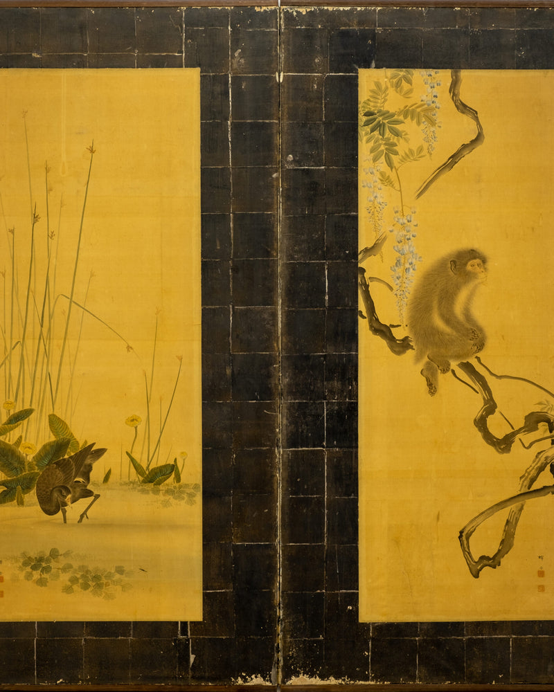 Two-Panel Duck & Monkey Byobu