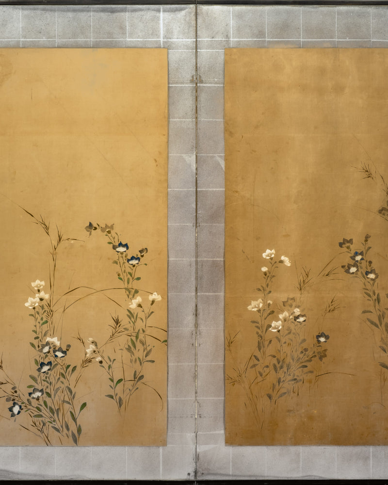Two-Panel Flowers Silver Frame Byobu