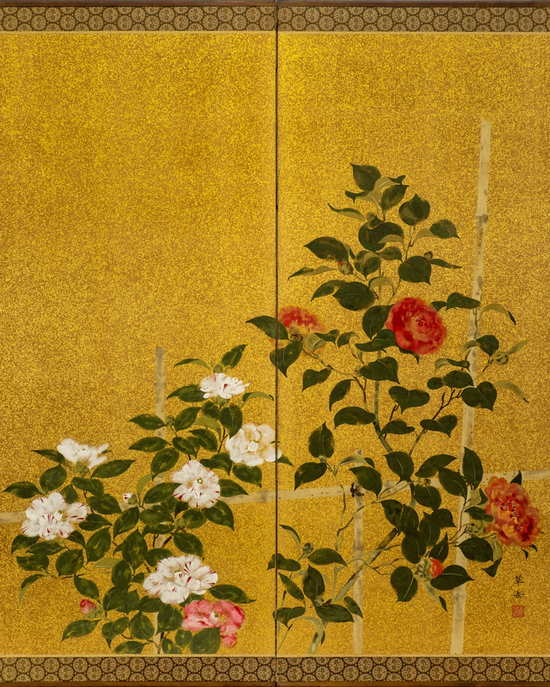 Two-Panel Gold Roses Byobu