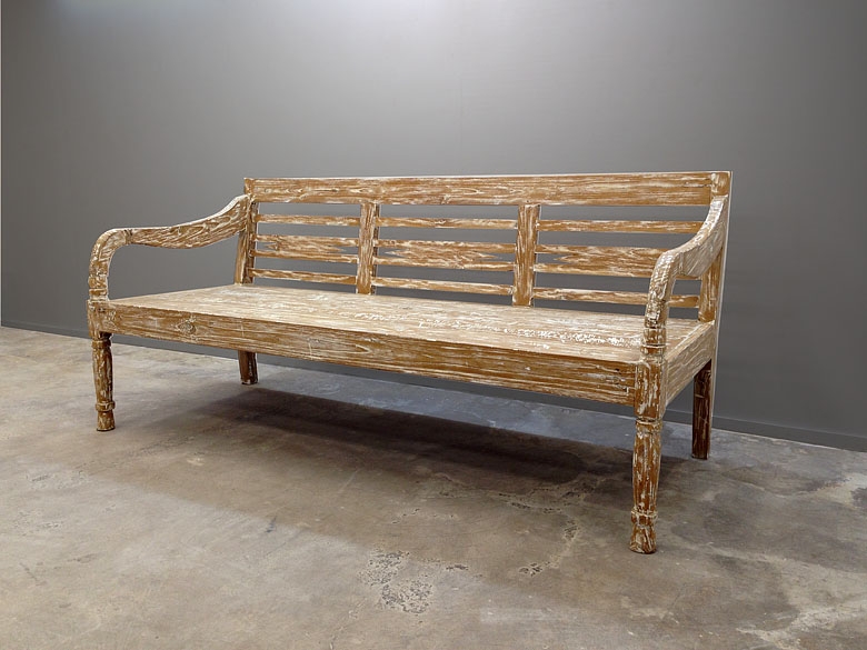 Antique Javanese bench with custom white washed finish