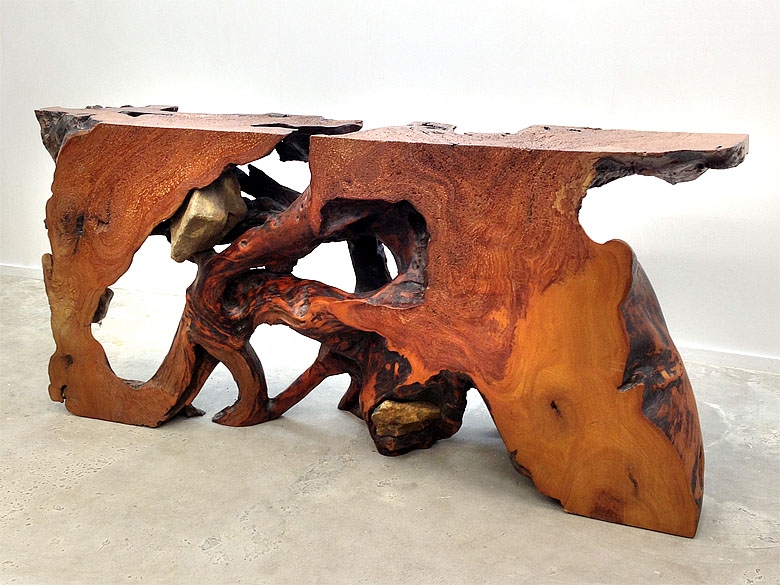 Reclaimed wood console table made from salvaged rosewood root