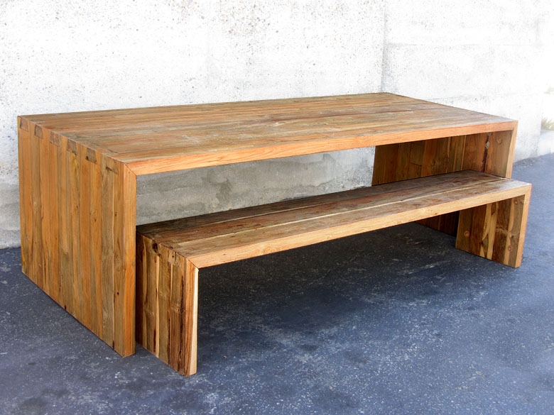 Waterfall teak dining table and bench made from reclaimed wood