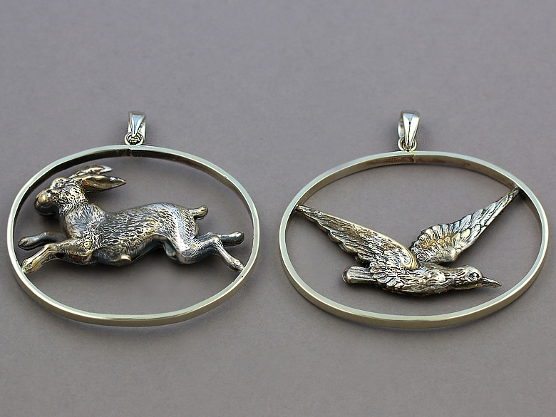 Rabbit & Sparrow Pendants, from France via Japan, 100 years old, Sterling JS1504 $425.