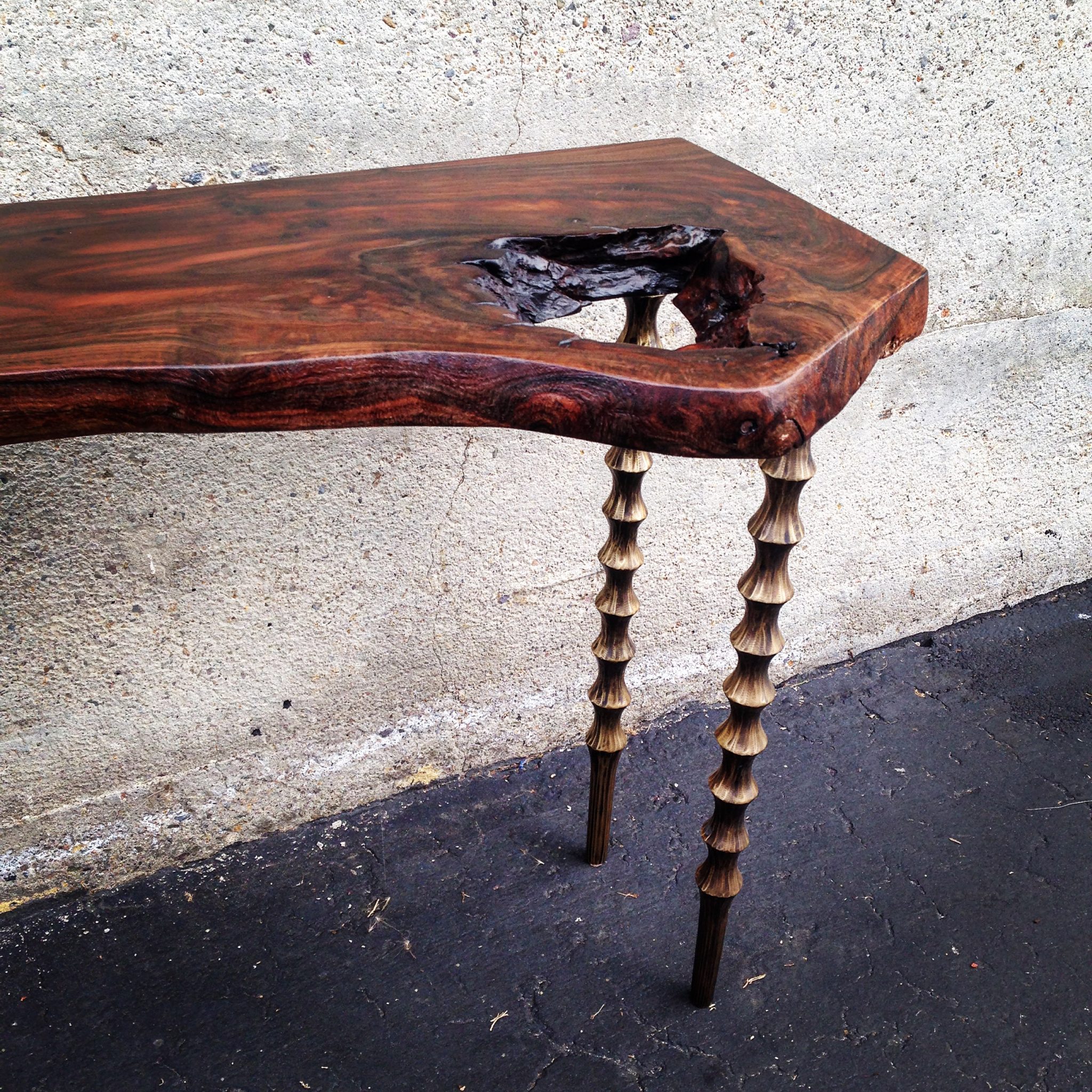 Live edge wood slab side table with carved wood legs