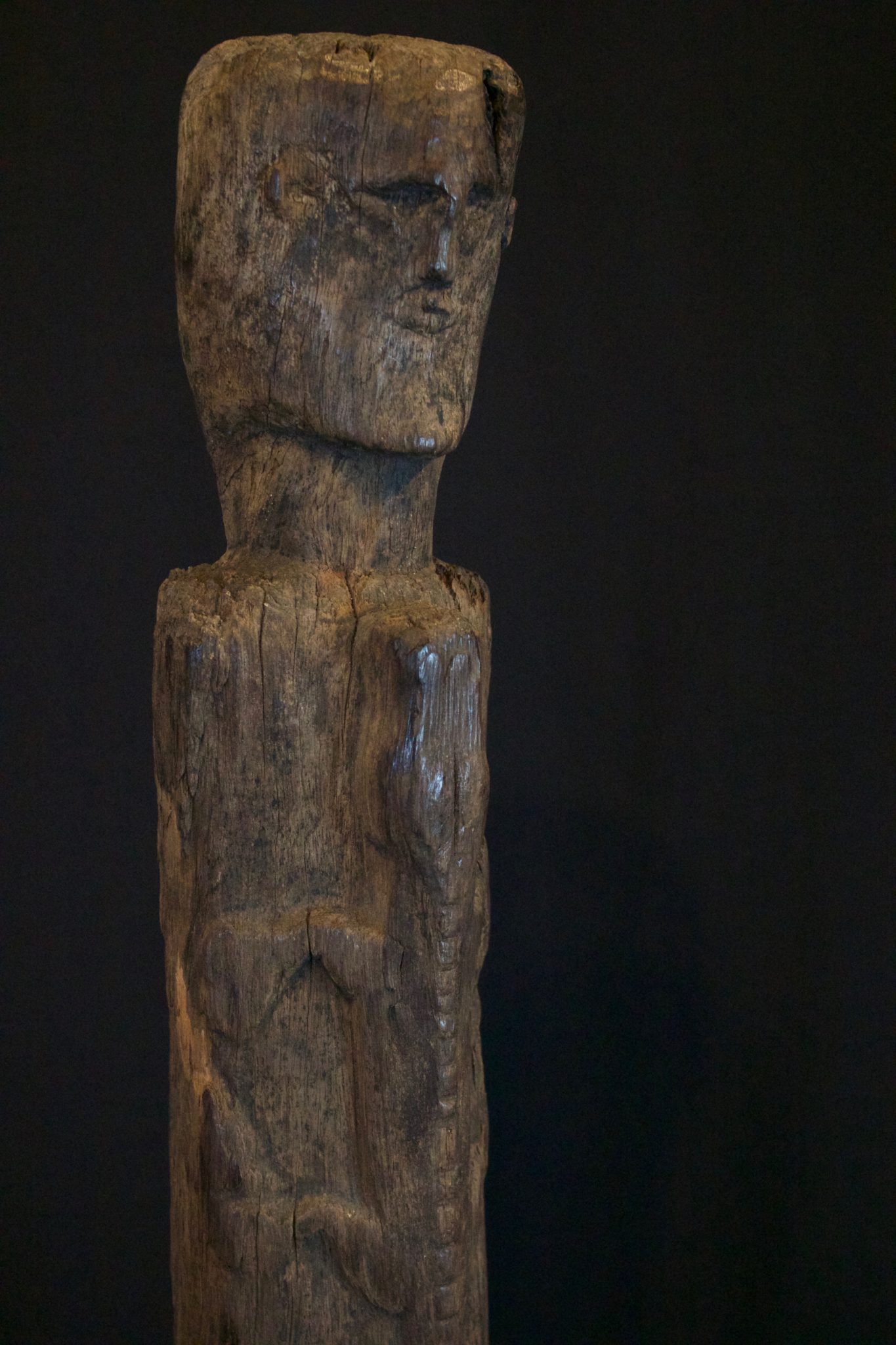 Shaman Figure with Alligator, West Sumba Island, Lesser Sunda Islands, Indonesia, Kodi tribe, Mid to late 19th c, Wood, Used for protection rituals. 19 ¾” x 4 ¼” x 4”, $750.