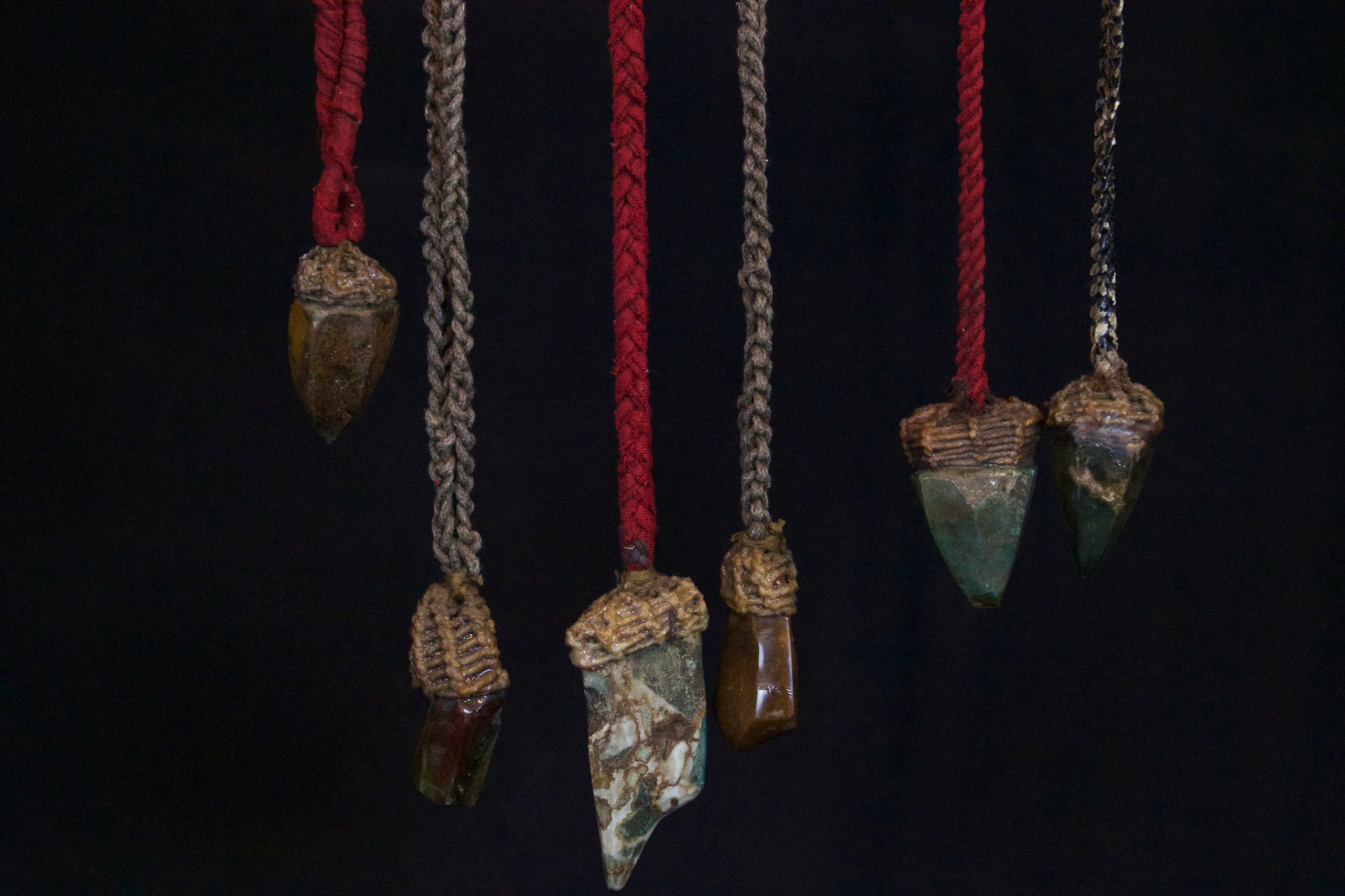 Shaman Healing Stone Necklaces, Papua, New Guinea (Irian Jaya), Indonesia, Early to mid 20th c, Stone, Shells, cloth fiber cord. Used in healing ceremonies. Dimensions: 16" to 20" long, $110. each