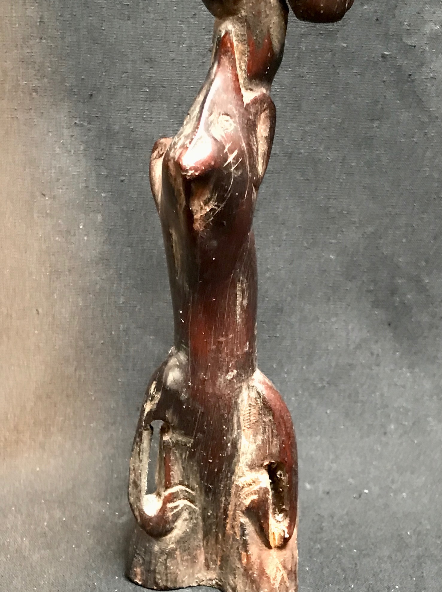Detail of Shaman's Power Object/Healing Wand, Cat, Horse, Dog, Bird, Sumba Island, Indonesia, Early 20th c., wood, 9 1/2" x 2 1/4" x 2"
