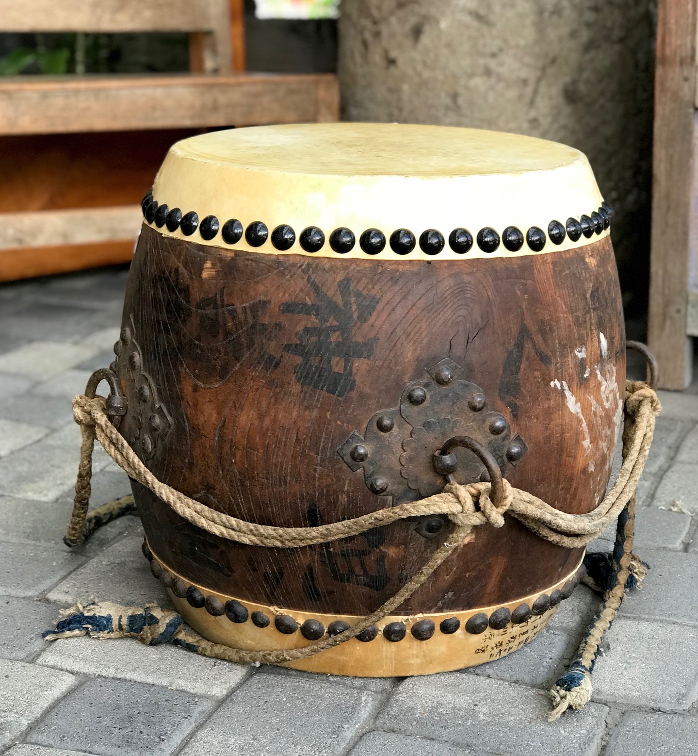 Japanese Taiko Style (tacked down) Drum, Japan, 19th c Edo Period, (new head skin and tacks), wood, rawhide, rope, iron rings and tacks, ink/paint, 20" x 24", $1200.; thedavidalancollection.com , solana beach, ca
