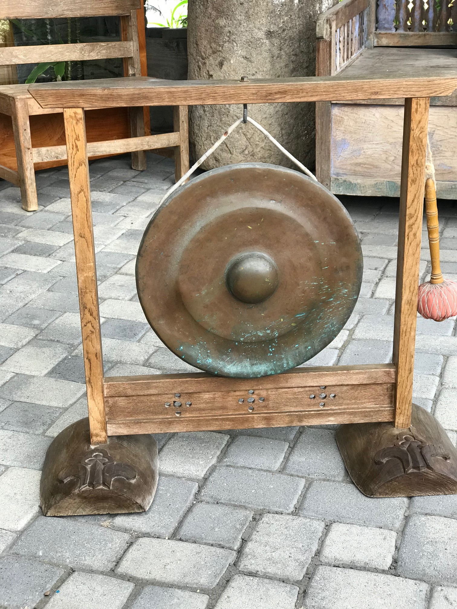 Musical Instrument, Hanging Gong and Striker with wood frame and hand carved stand, Japan, bronze, wood, fabric, rope, gong - 32 1/2" x 36" x 12" (Frame - 17 1/2" x 6"), $2400., thedavidalancollection , solana beach, ca