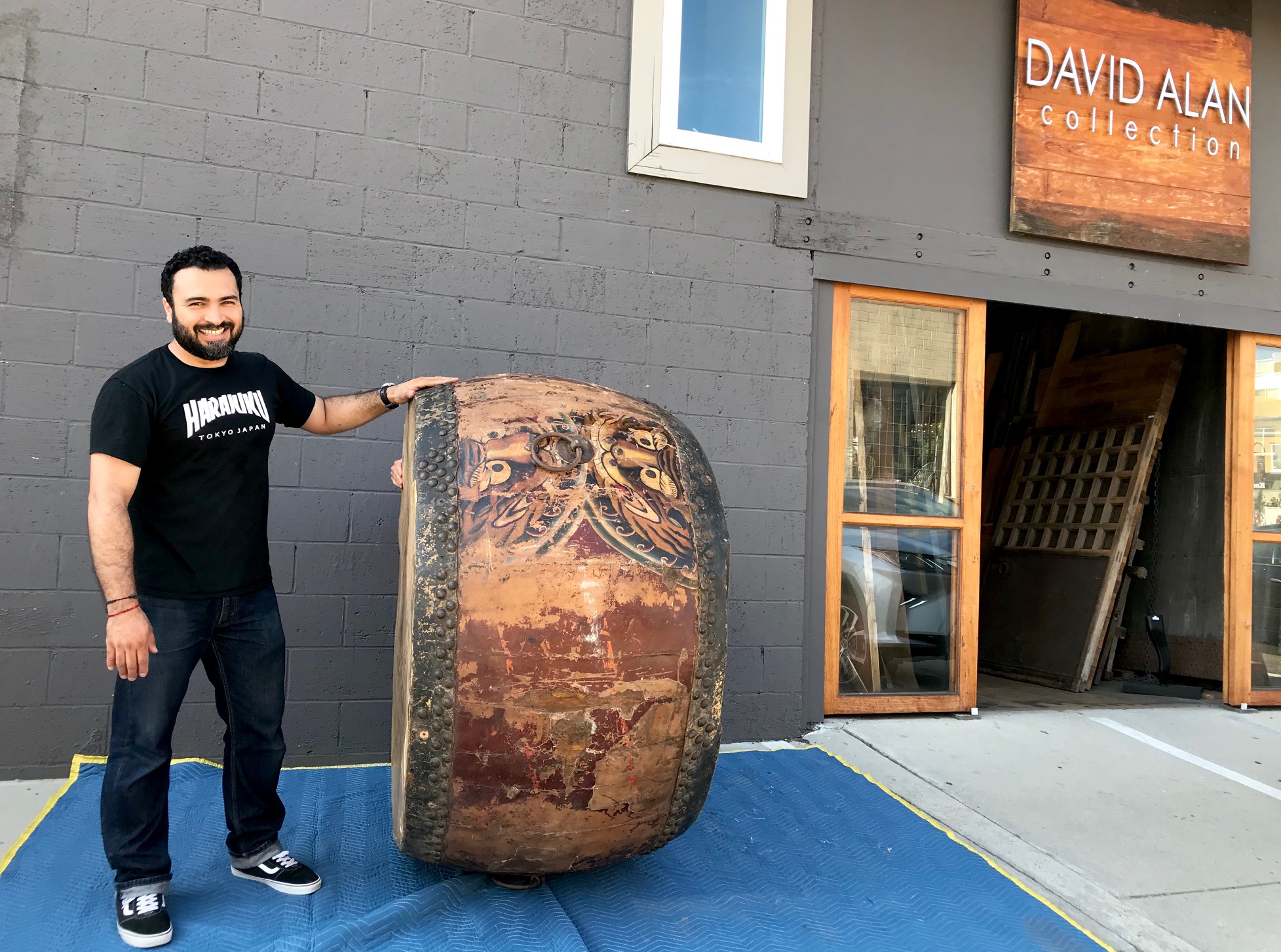 Large Drum, with tacks, China, vintage, Wood, metal, hde, paint, 60" x 35", $5500., thedavidalancollection.com , solana beach, Ca